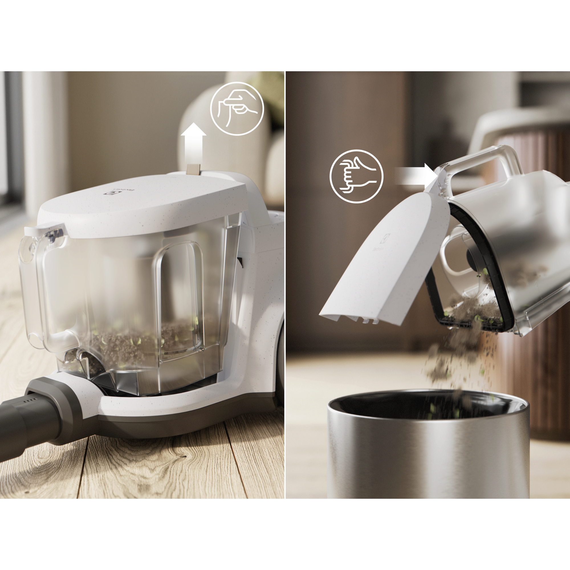 Vacuum cleaner with 2L dustbin designed for easy, spill-free emptying.