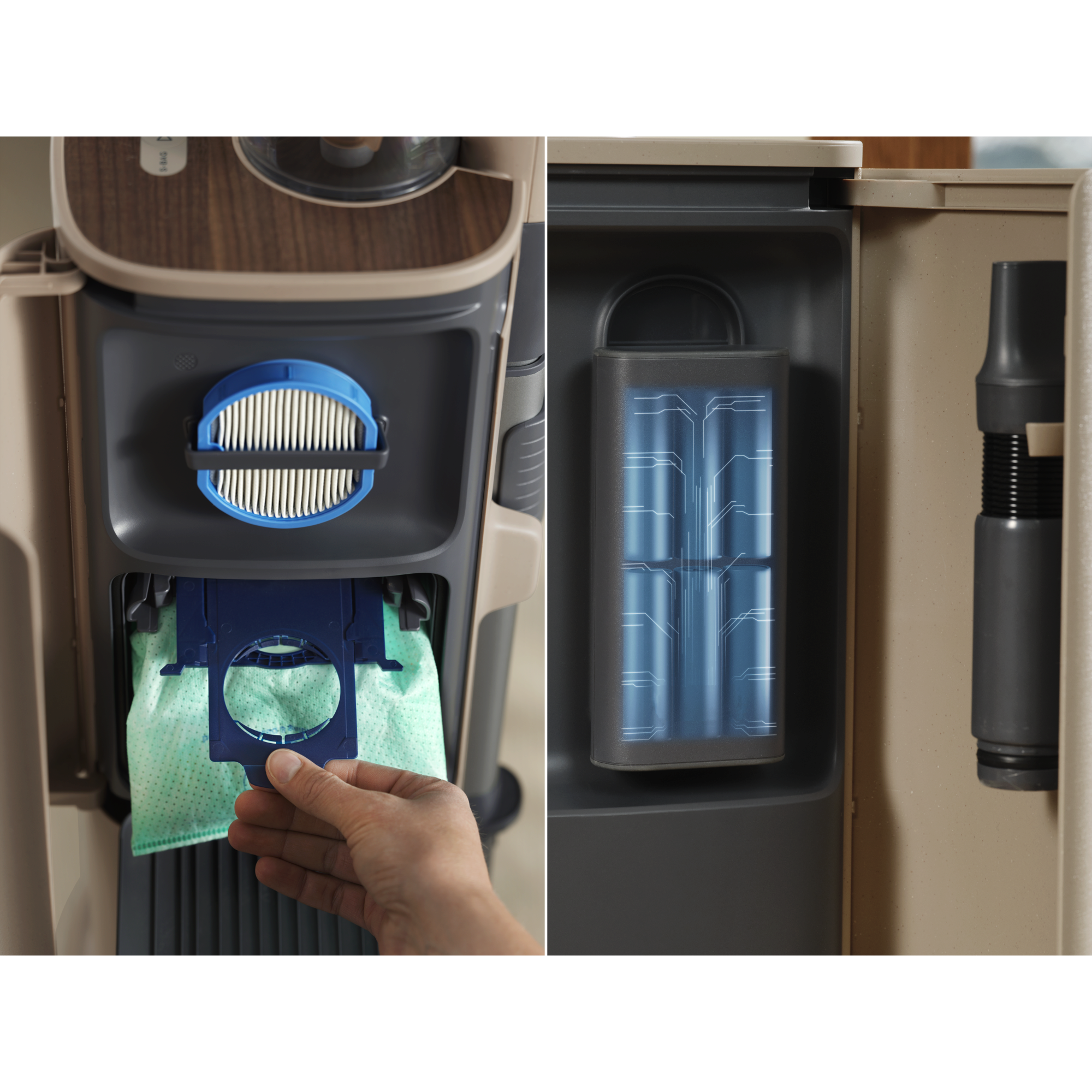 All -in-1 Station - stores extra battery charging, filter and hose for filter cleaning 