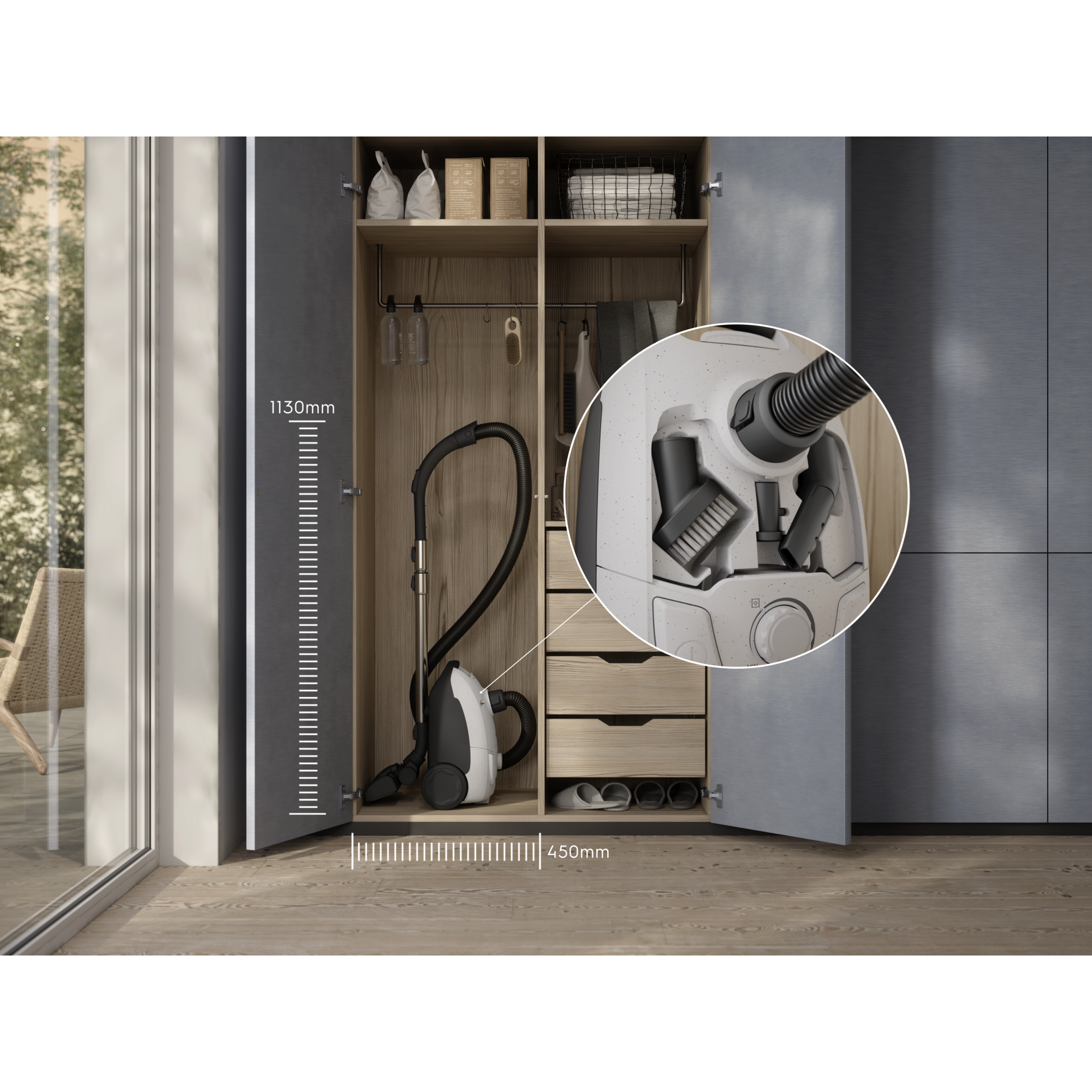 Compact design that’s easy to store, with on-board accessories kept within reach.