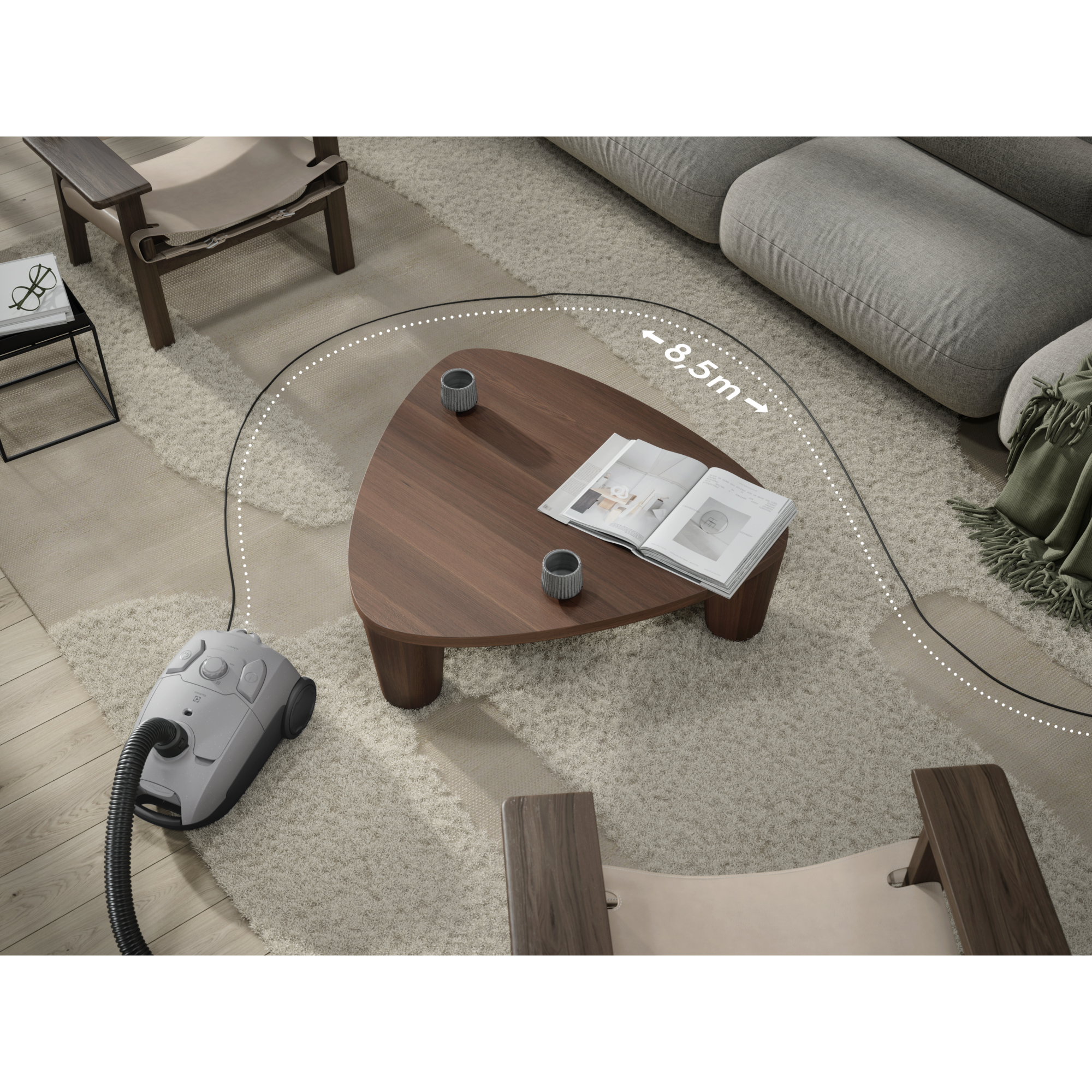 Clean without interruptions. The 8.5m cleaning radius gives you plenty of reach without changing the power outlet.