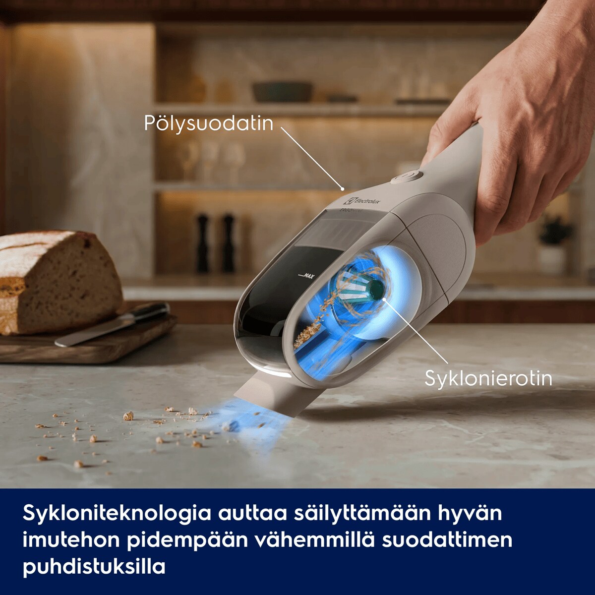 Sykloniteknologia auttaa säilyttämään hyvän imutehon pidempään vähemmillä suodattimen puhdistuksilla      Pölysuodatin Syklonierotin