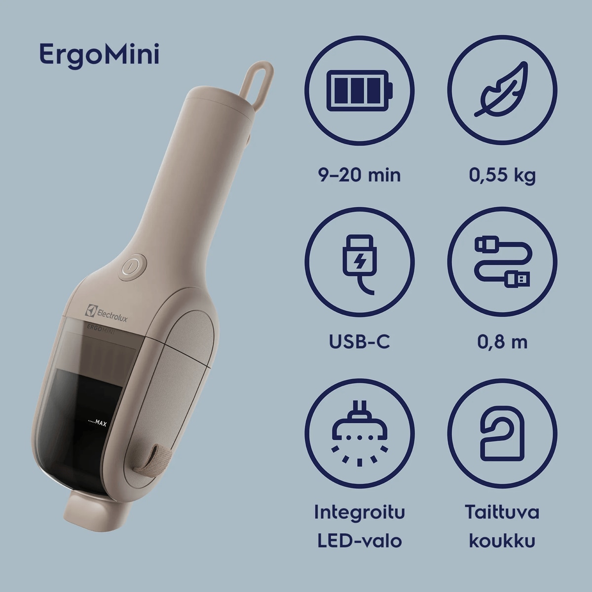 ErgoMini 9–20 min USB-C Integroitu LED-valo 0,55 kg 0,8 m Taittuva koukku