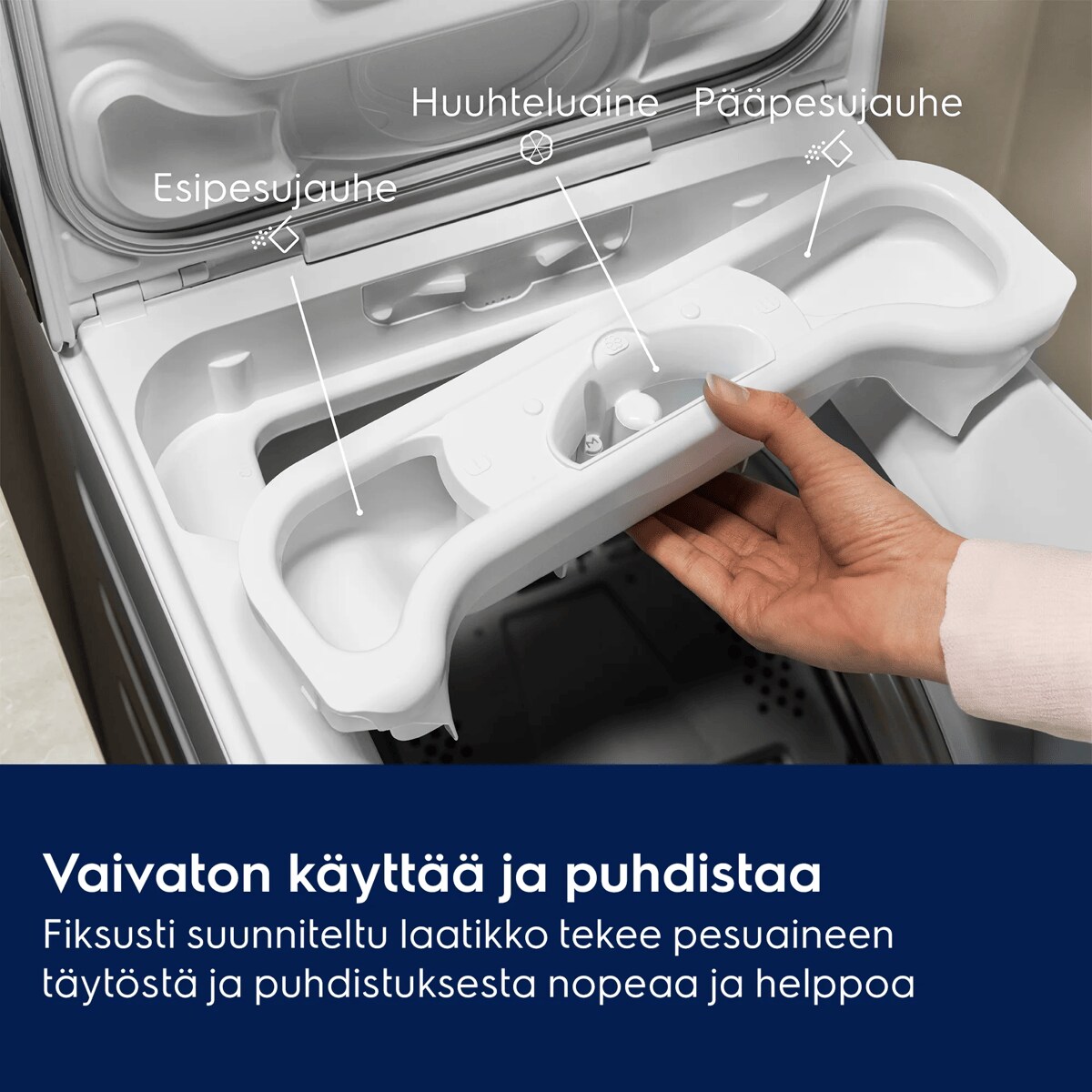 Vaivaton käyttää ja puhdistaa Fiksusti suunniteltu laatikko tekee pesuaineen täytöstä ja puhdistuksesta nopeaa ja helppoa     Esipesujauhe Huuhteluaine Pääpesujauhe