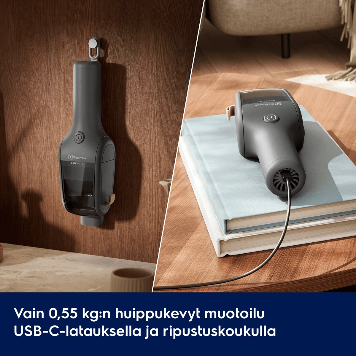 Vain 0,55 kg:n huippukevyt muotoilu USB-C-latauksella ja ripustuskoukulla