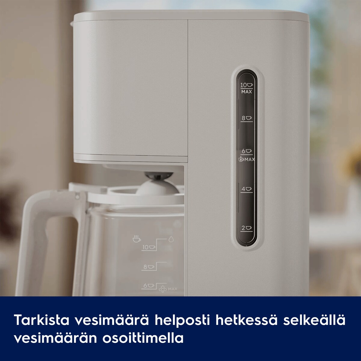 Tarkista vesimäärä helposti hetkessä selkeällä vesimäärän osoittimella.