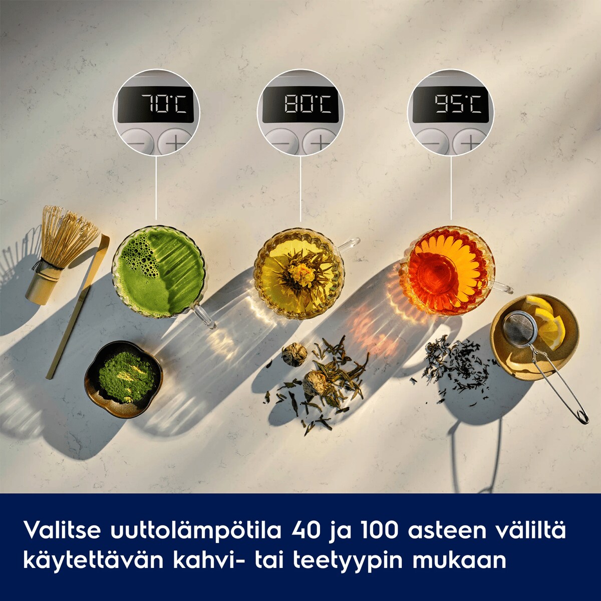 Valitse uuttolämpötila 40 ja 100 asteen väliltä käytettävän kahvi- tai teetyypin mukaan.