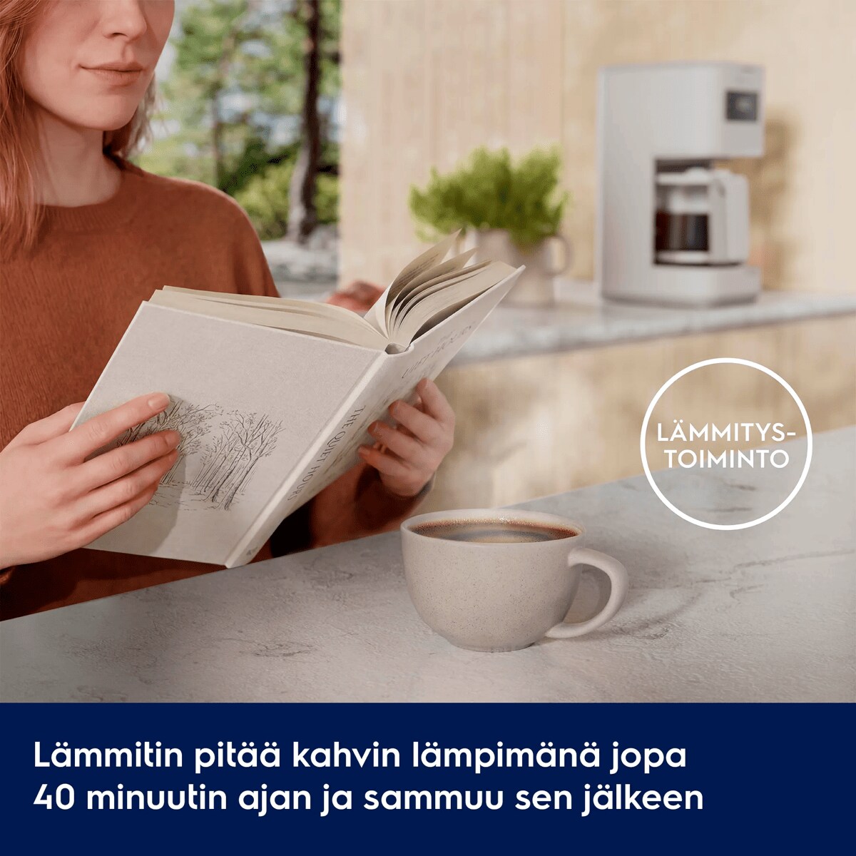 Lämmitin pitää kahvin lämpimänä jopa 40 minuutin ajan ja sammuu sitten.      LÄMMITYSTOIMINTO