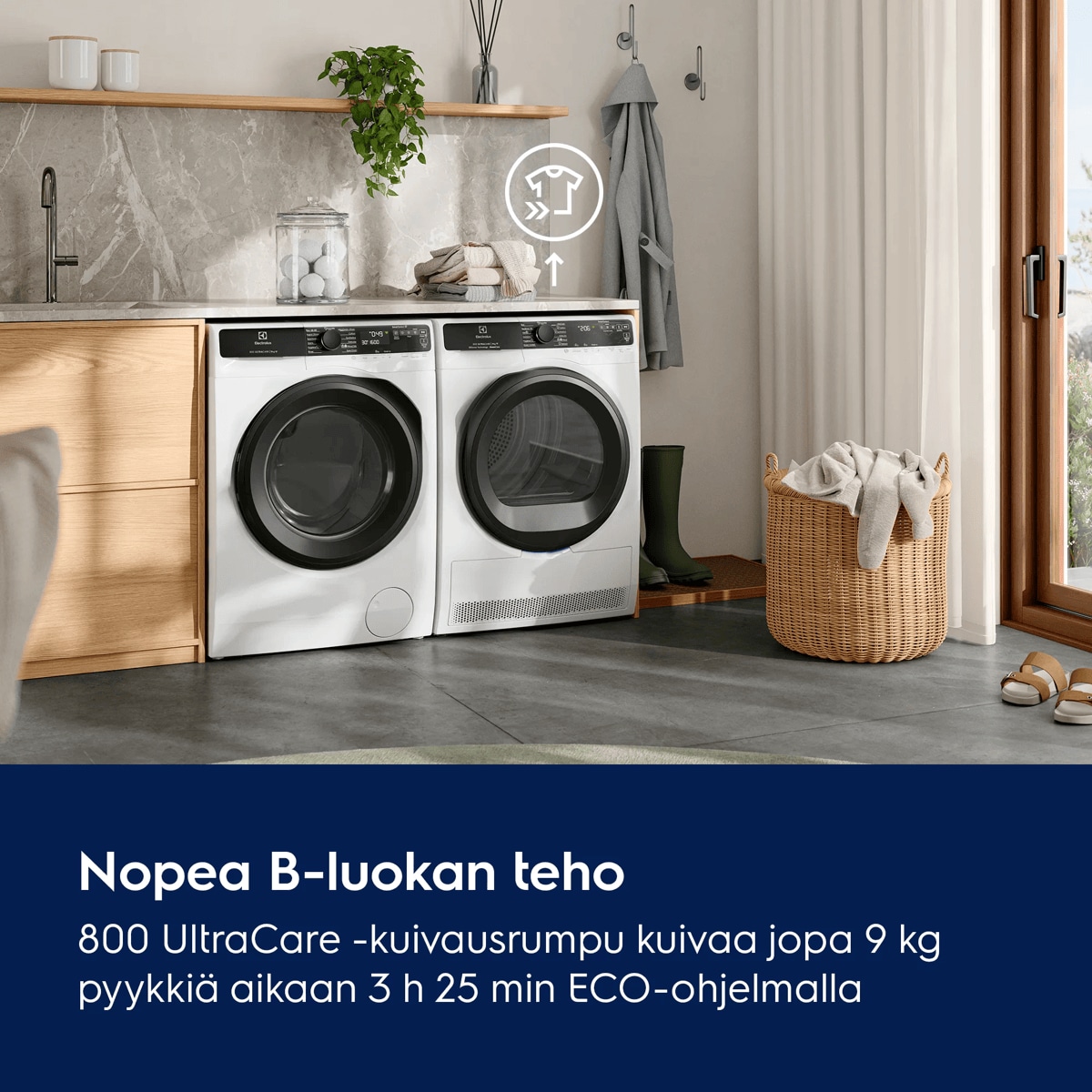 Nopea B-luokan teho 800 UltraCare -kuivausrumpu kuivaa jopa 9 kg pyykkiä aikaan 3 h 25 min ECO-ohjelmalla  