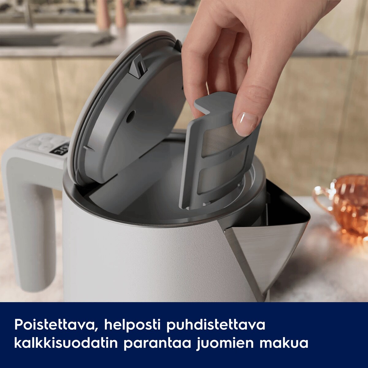 Poistettava, helposti puhdistettava kalkkisuodatin parantaa juomien makua.