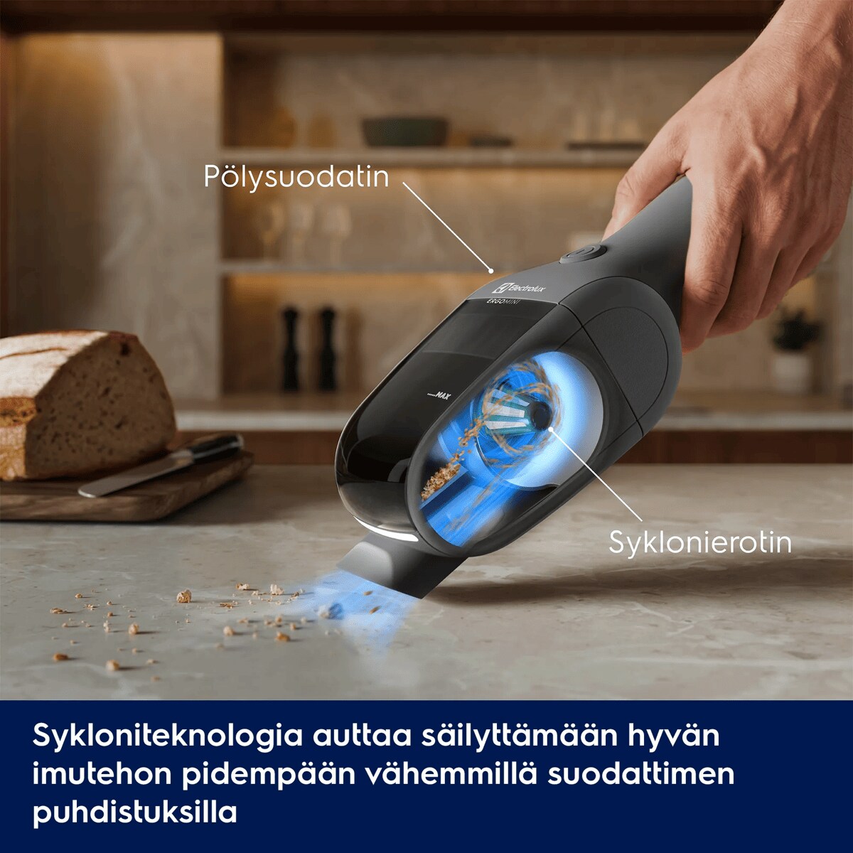 Sykloniteknologia auttaa säilyttämään hyvän imutehon pidempään vähemmillä suodattimen puhdistuksilla      Pölysuodatin Syklonierotin