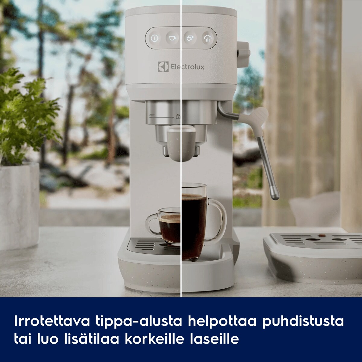 Irrotettava tippa-alusta helpottaa puhdistusta tai luo lisätilaa korkeille laseille.