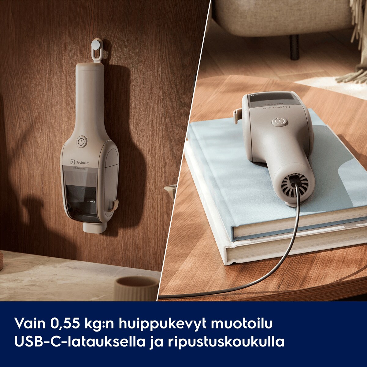 Vain 0,55 kg:n huippukevyt muotoilu USB-C-latauksella ja ripustuskoukulla