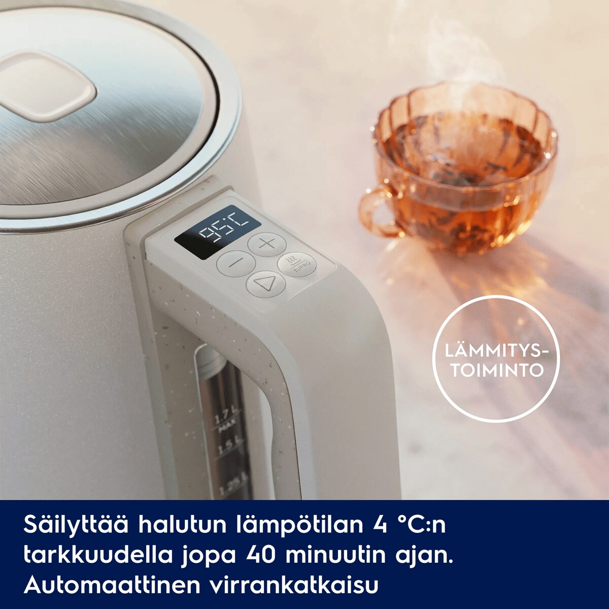 Säilyttää halutun lämpötilan 4 ℃:n tarkkuudella jopa 40 minuutin ajan. Automaattinen virrankatkaisu.      LÄMMITYSTOIMINTO