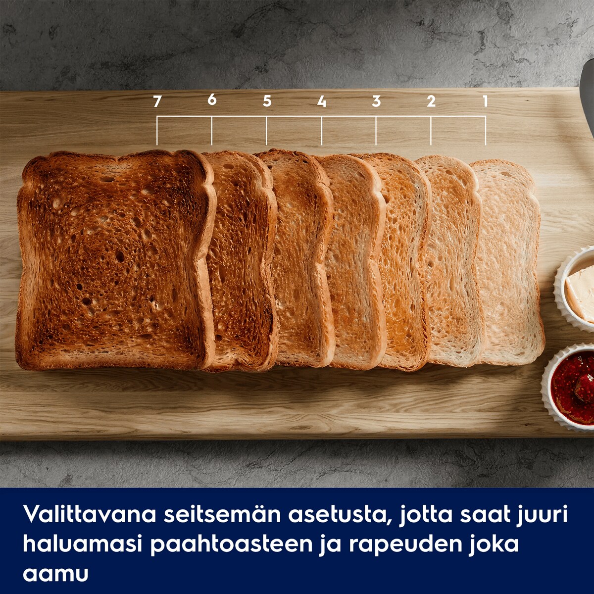 Tarjolla seitsemän asetusta, jotta saat juuri haluamasi ruskistuksen ja rapeuden joka aamu.