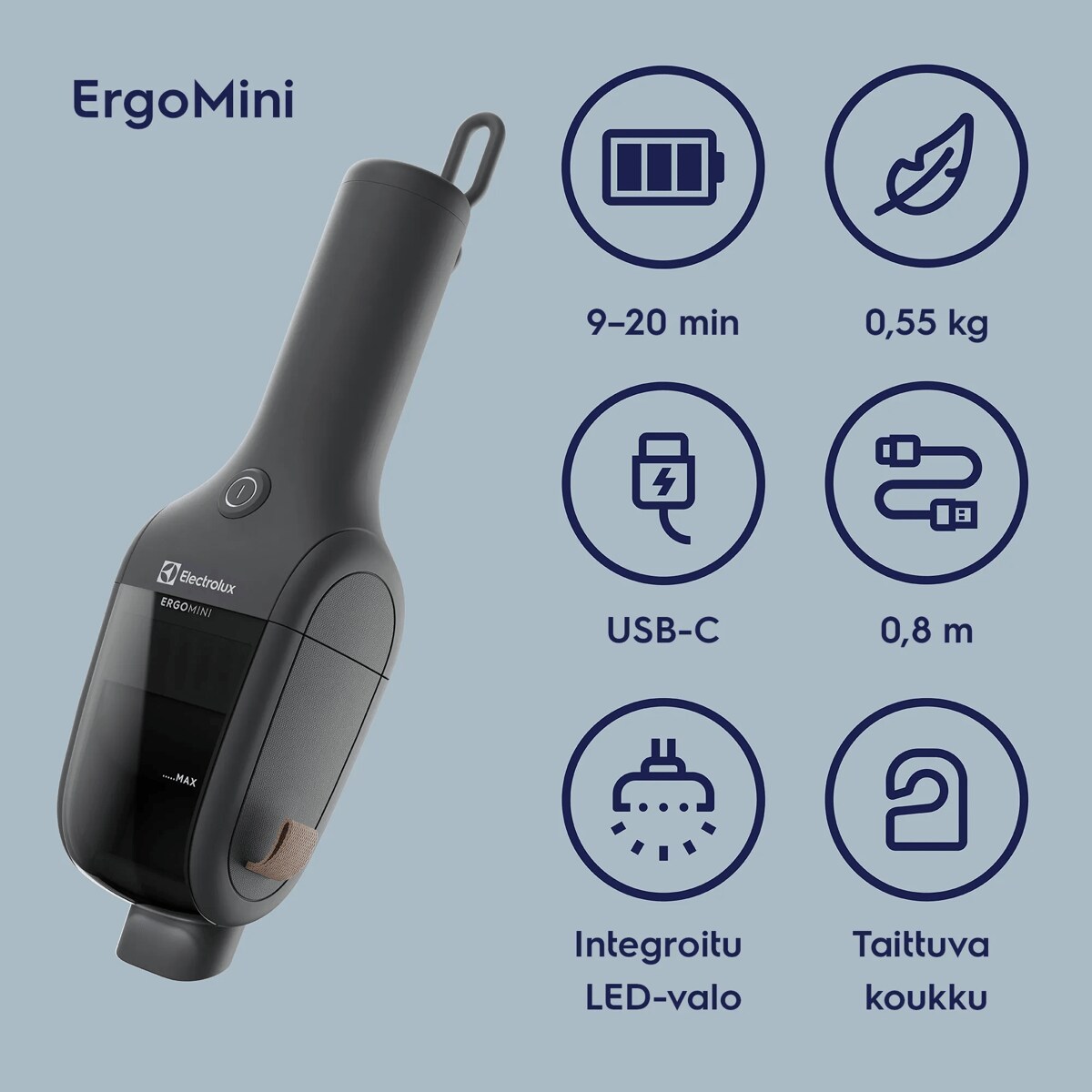 ErgoMini 9–20 min USB-C Integroitu LED-valo 0,55 kg 0,8 m Taittuva koukku
