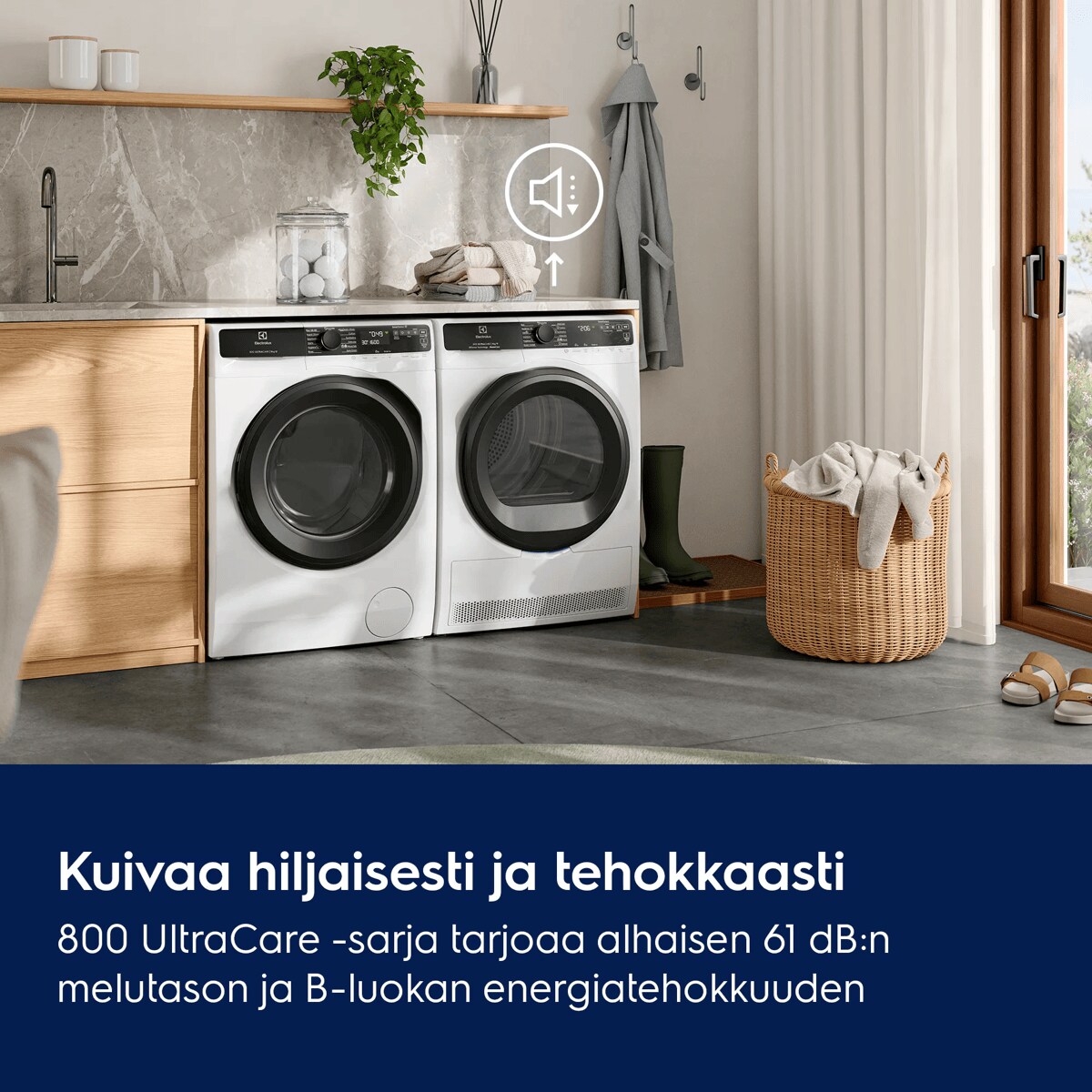 Kuivaa hiljaisesti ja tehokkaasti 800 UltraCare -sarja tarjoaa alhaisen 61 dB:n melutason ja B-luokan energiatehokkuuden  