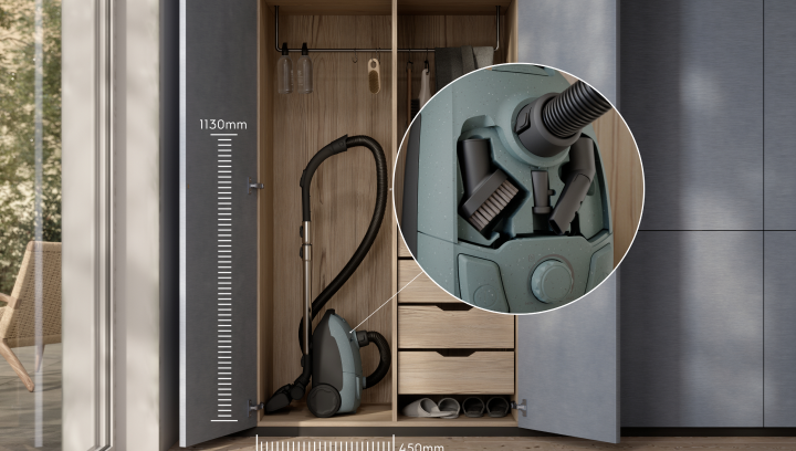 Electrolux-pölynimuri vaatekaapissa ja lähikuva pölynimurin integroidusta säilytystilasta.
