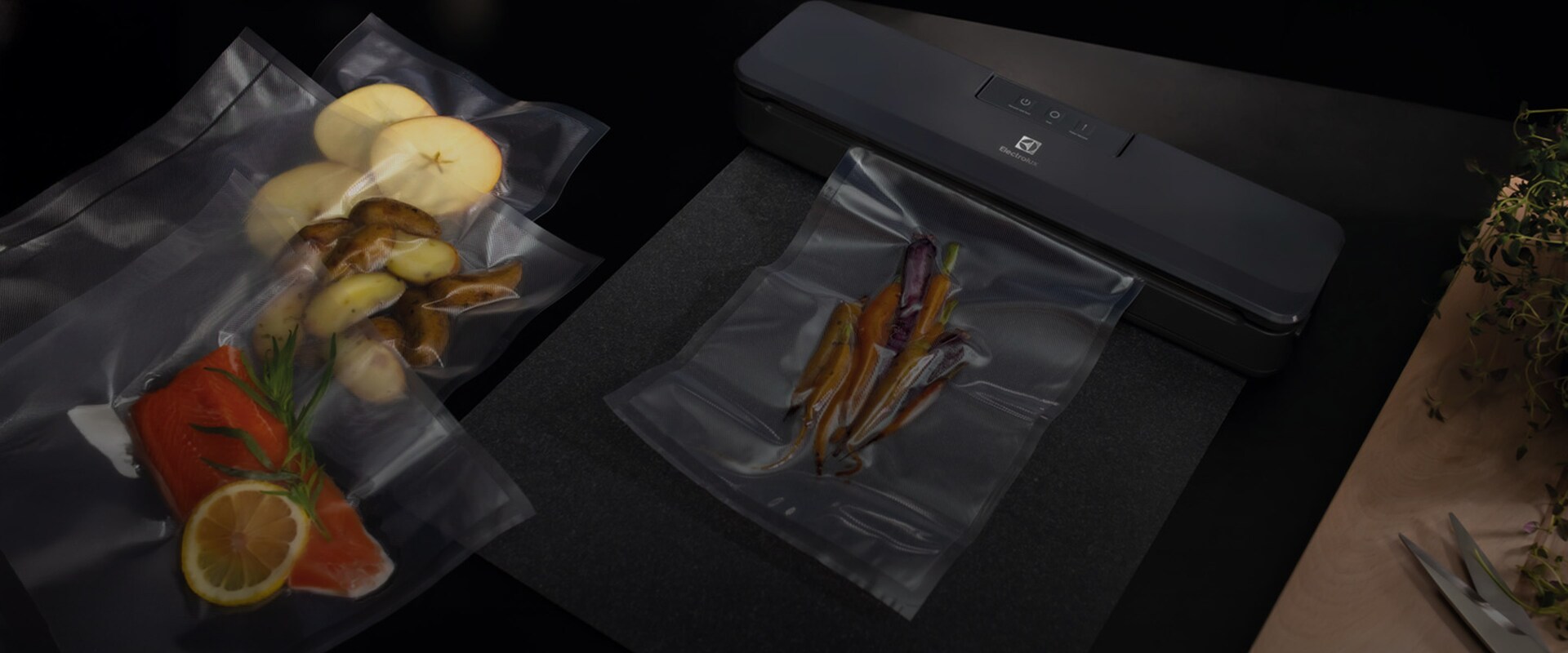 Tyhjiöpakkauslaite ja vakuumipakattua lohta.