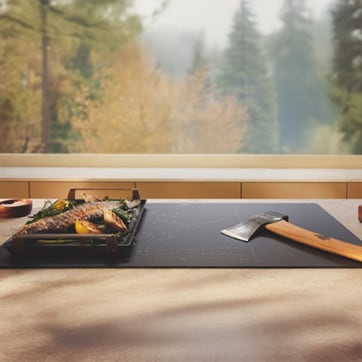 Naarmunkestävä Electrolux SaphirMatt®-keittotaso, jonka päällä on kirves ja paistettua kalaa metsäisessä maisemassa.